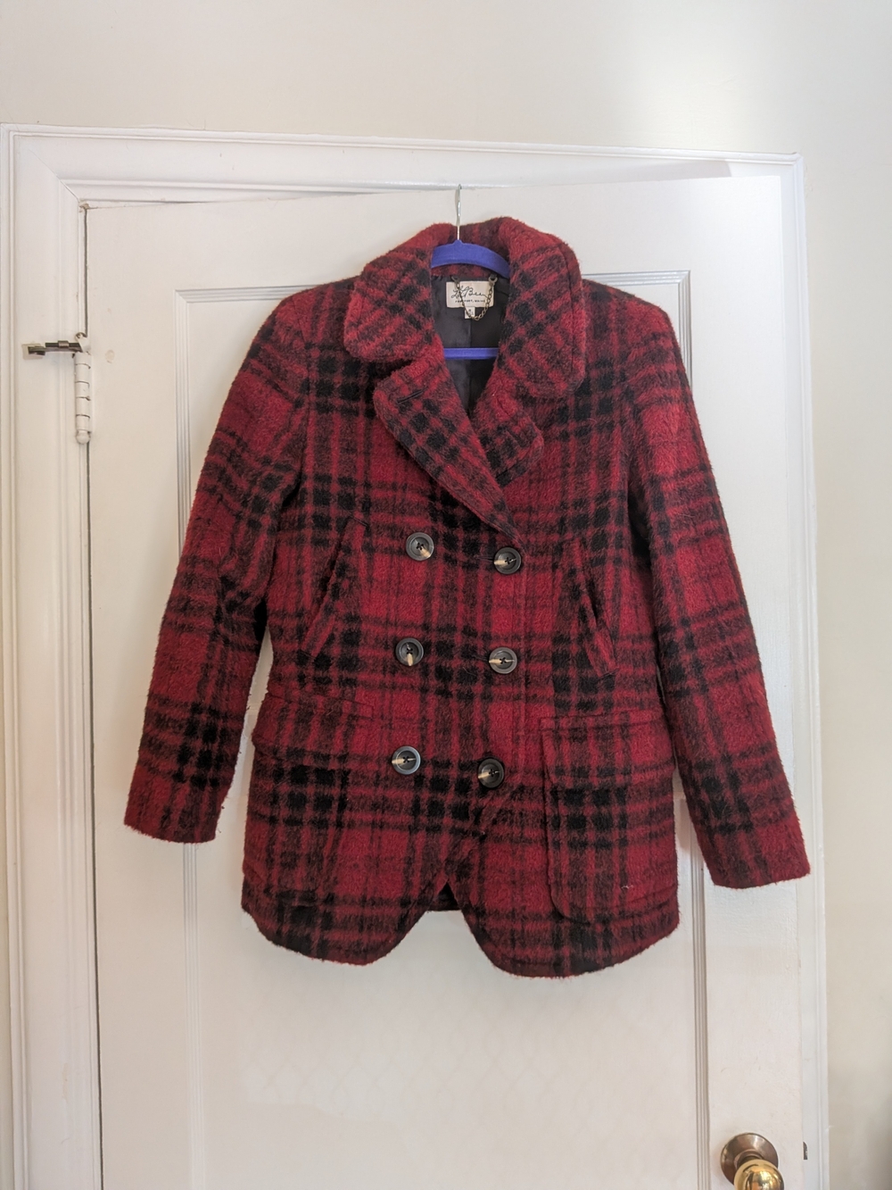 L.L. Bean Red and Black Plaid Double-Breasted Peacoat